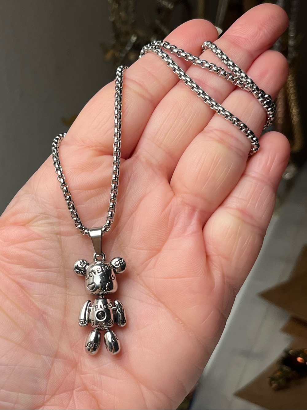 Silver Tone Peace Bear Pendant Necklace
